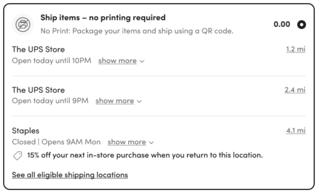 Example return options in a return portal